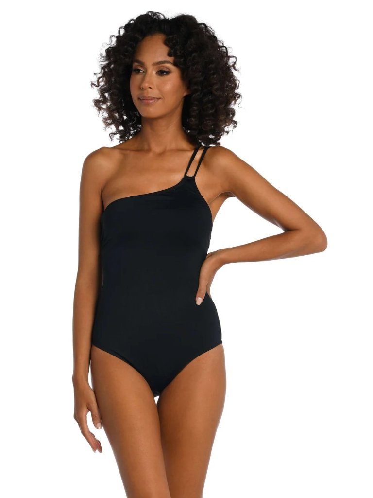 Nwt La Blanca Goddess Lace Back One-Shoulder One-Piece Swimsuit Black Size Us4